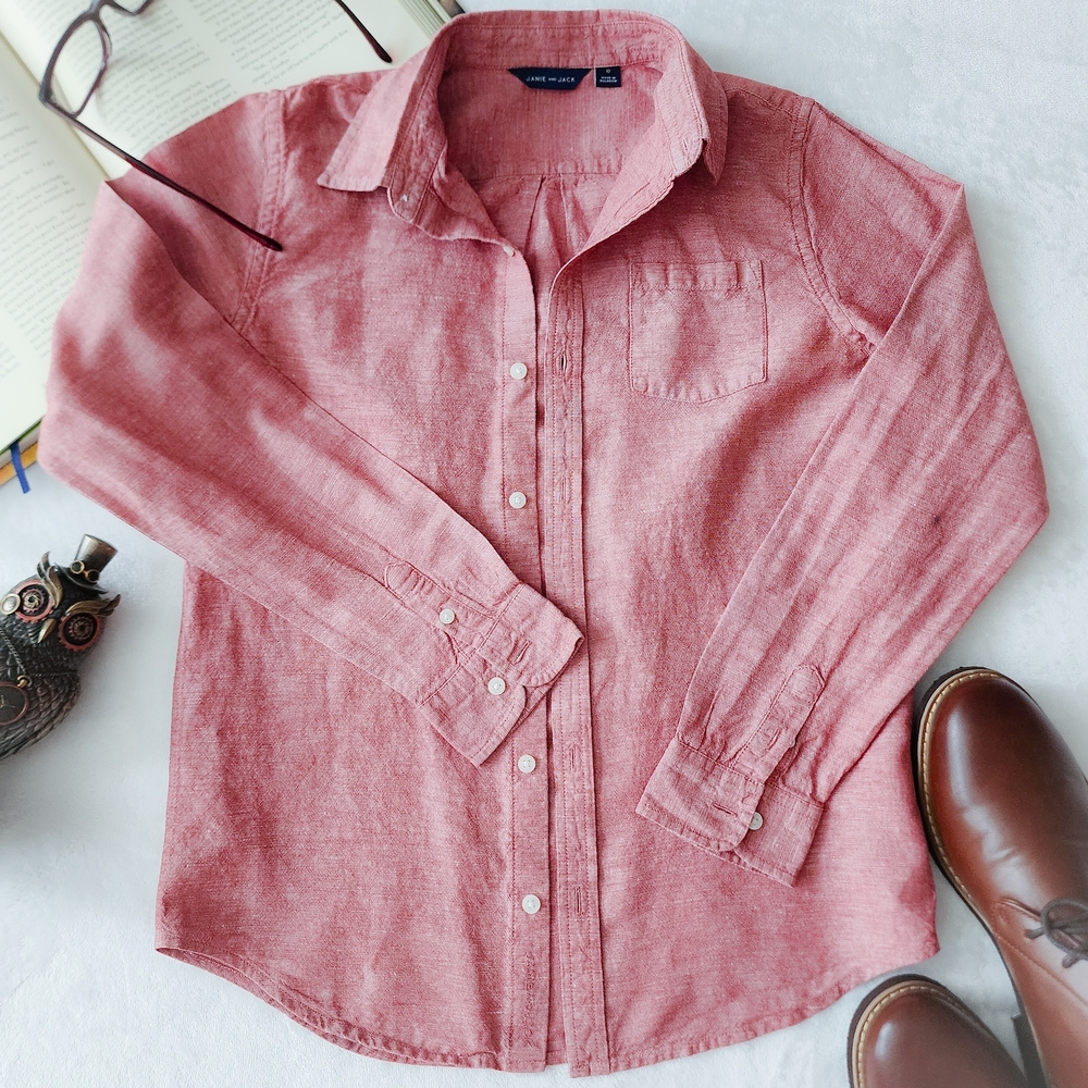 Janie and Jack Boys Linen Button Down Shirt Size 12 Dusty Pink / Vintage Red